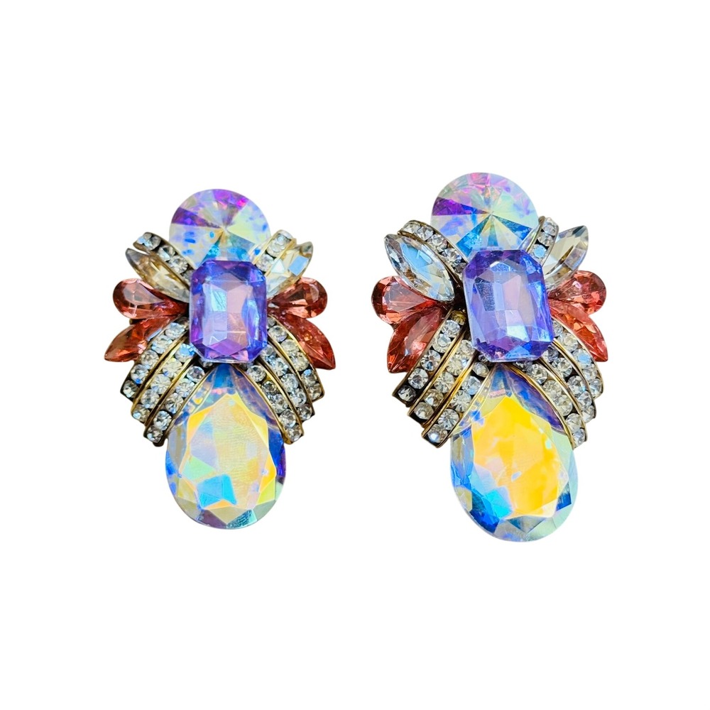 VTG Designs By SD Heart Earrings Austrian Crystal rhinestone Clip Iridescent 80s - Picture 1 of 6